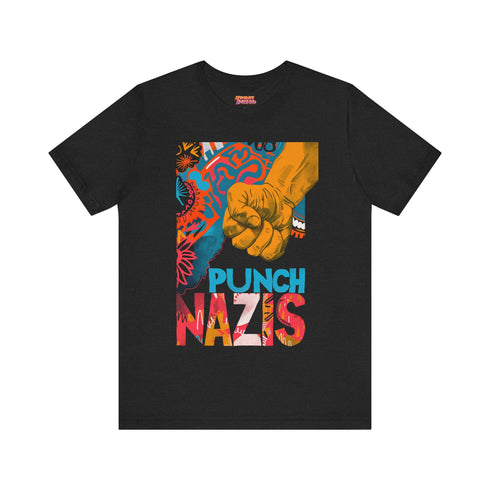 Black T-shirt featuring a bold, colorful "Punch Nazis" design with a clenched fist and abstract, graffiti-style patterns.